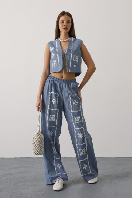 Baskılı Önü Bağlamalı Yelekli Takım - İndigo