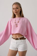 YARASA KOLLU CROP BLUZ - Pembe - Görsel 2