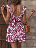 Kadın Askılı Kare Yakalı Arkadan Bağcıklı Desenli Keten Tulum - Görsel 2