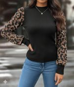 Kadın Uzun Kollu Yarı Balıkçı Yaka Leopar Detaylı Kaşkorse Bluz - Görsel 3