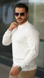 Erkek Düğmeli Yaka çizgi Dokulu Uzun Kollu Triko - Görsel 3