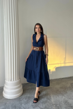 MÜSLİN ELBİSE GÖMLEK YAKA KOLSUZ ÖNDEN DÜĞMELİ - Lacivert - Görsel 3