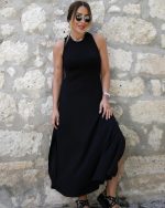 Kadın Arkadan çapraz Detay Yuvarlak Yaka Maksi Viskon Elbise - Görsel 3