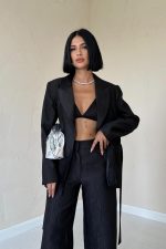 Siyah Beli Kuşaklı Ceket Ve Pantolon Parlak Takım - Görsel 2