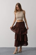 Katlı Kesim Uzun Etek - Kahve - Görsel 3