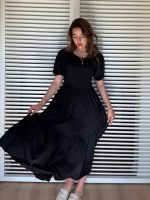 Kadın Kısa Kollu Yakası Açık Katlı Bürümcük Balon Elbise