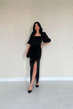 Siyah Büzgülü Saten Elbise - Görsel 2