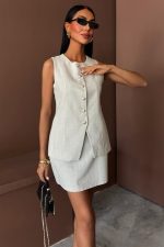 Uzun Yelek Mini Etek Flamlı Keten Takım 10148 - Görsel 3