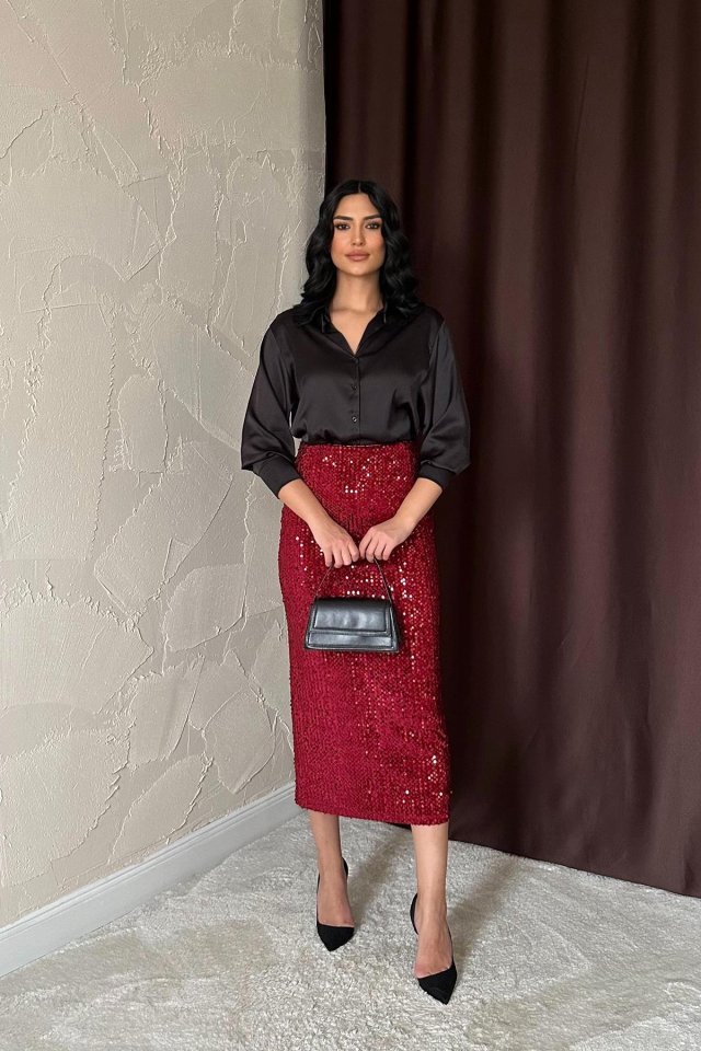 bd2a53adfb2cf866891f Bordo Pulpayetli Parlak Etek - Görsel 1