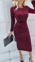 Kadın Uzun Kollu Bisiklet Yaka Taşlı Midi Kadife Elbise - Görsel 2