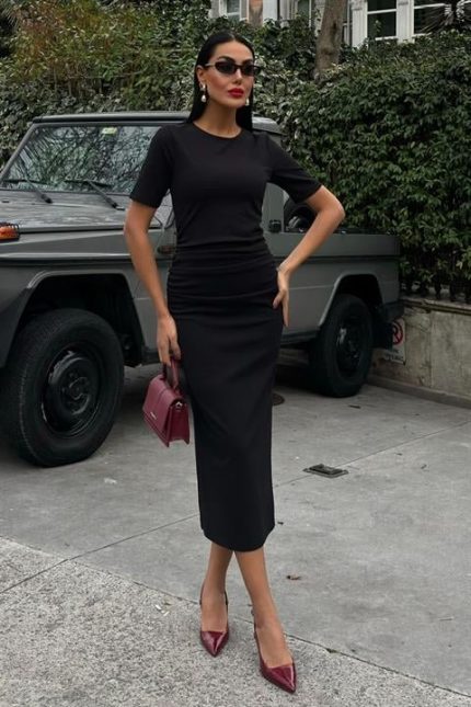 Beli Büzgülü Midi Elbise 2853