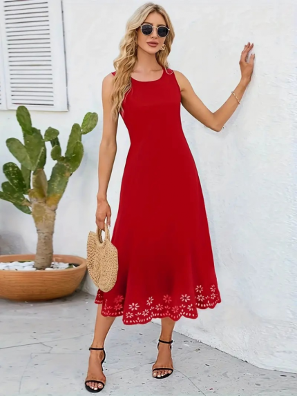 Kadın Kolsuz Etek Ucu Lazer Kesim çiçek Desenli Midi Boy Ithal Krep Elbise