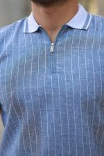 Erkek Fermuar Yakalı çizgili Kısa Kollu Tişört - Görsel 3