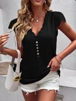 Kadın Kısa Kollu V Yakalı önü Düğmeli Viskon Bluz - Görsel 3