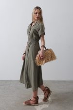 Önü Düğmeli Kısa Kol Elbise - Haki - Görsel 2