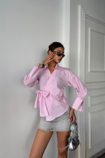 ÇİZGİLİ POPLİN KRUVAZE BAĞLAMALI GÖMLEK - Pembe