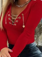 Kadın Uzun Kollu V çapraz Zincir Detaylı Kaşkorse Bluz - Görsel 3