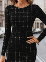 Kadın Uzun Kollu Yuvarlak Yaka Mini Dokuma Elbise - Görsel 2