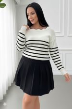 Kadın Beyaz Sırt Bağlama Detaylı çizgi Desen Triko Bluz - Görsel 3