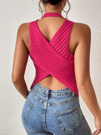 Kadın Sıfır Kol Sırt çapraz Detay Triko Bluz
