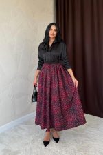 Bordo Leopar Büzgülü Uzun Etek - Görsel 2