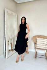 Siyah Yanları Büzgülü Midi Boy Keten Elbise - Görsel 3