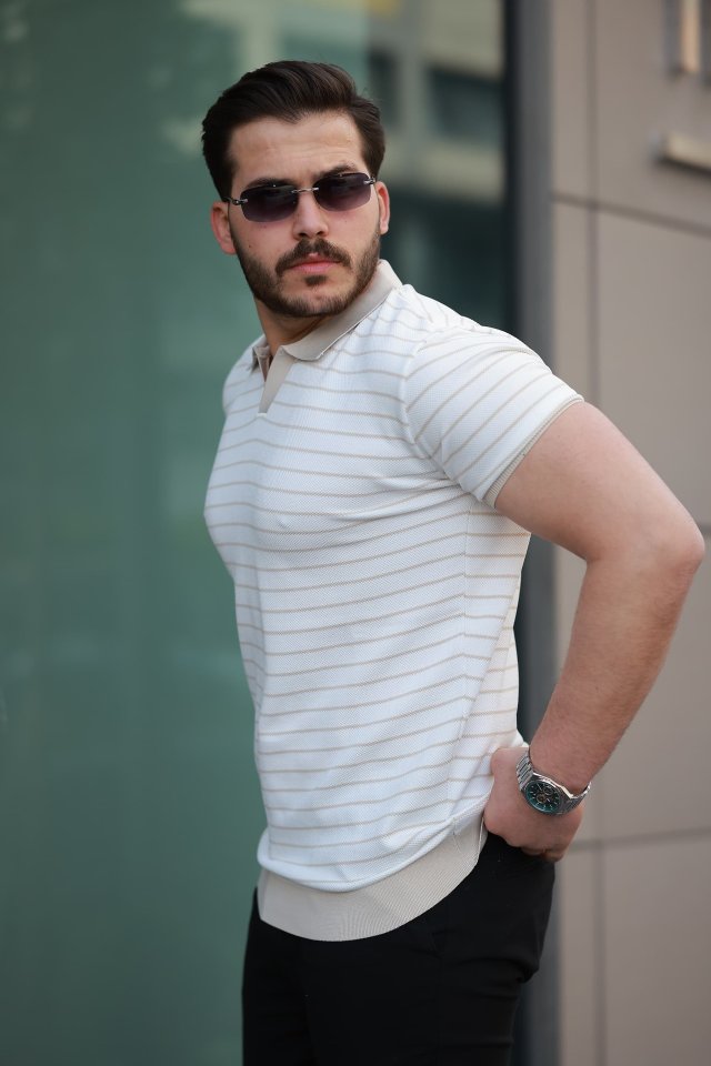 c3828e54035c01141517089e30c41836 Erkek Kısa Kollu çizgi Desenli örme Kumaş Tshirt - Görsel 1