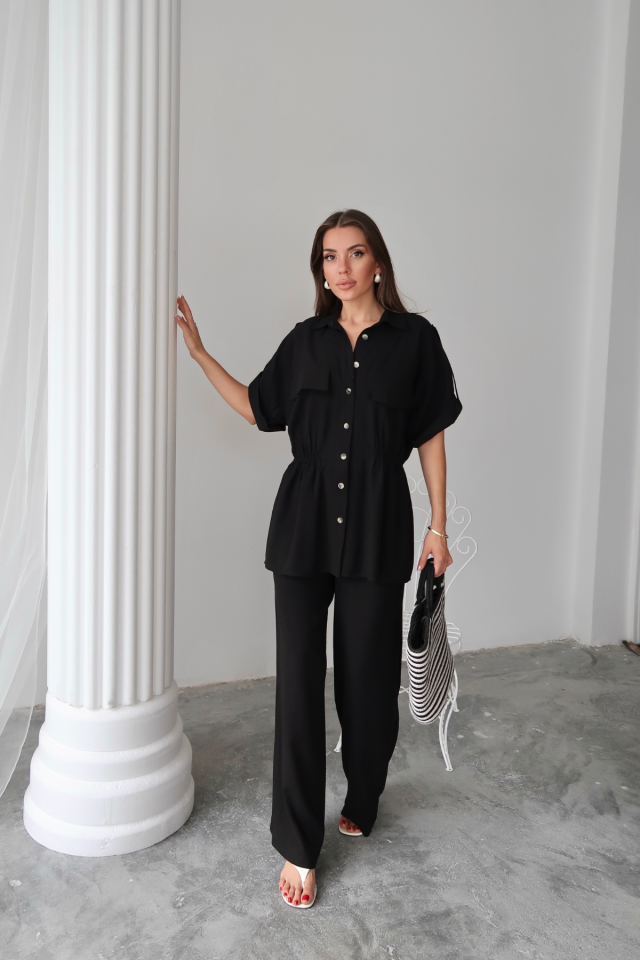 c3c44d752f2355c14dcf KETEN BELDEN BÜZGÜ DETAYLI GÖMLEK - PANTOLON TAKIM - Siyah - Görsel 1