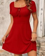 Kadın Kısa Kollu Kare Yakalı Bağcıklı Kaşkorse Elbise - Görsel 3