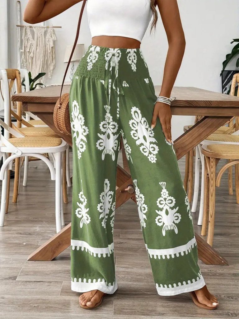 c47e88ef0423b7ed270d Kadın Yüksek Bel Büzgülü Etnik Desen Baskılı Süprem Pantolon - Görsel 1