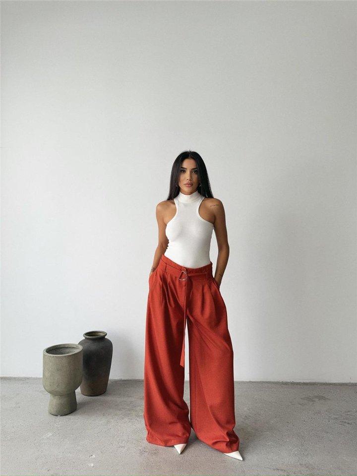 c4ac885282d94b9b4187 PALAZZO PANTOLON KUMAŞ KEMER DETAYLI - Kiremit - Görsel 1