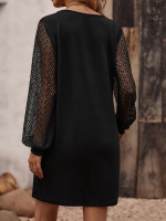 Kadın Uzun Kollu Dantelli V Yakalı Kısa Ithal Krep Elbise - Görsel 2