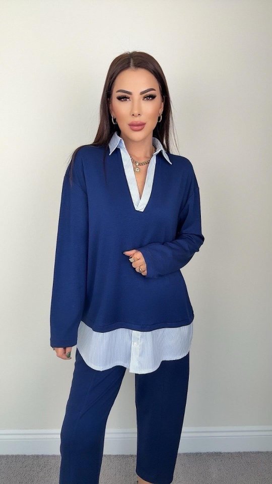 c8f97ff75dbbcb785b530d3e32d0ffe3 Polo Yaka Gömlekl Detay Salaş Balon Pantolunlu ıkılı Takım - Görsel 1