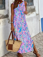 Kadın Askılı Yuvarlak Yaka Yandan Yırtmaçlı Uzun Süprem Elbise - Görsel 2