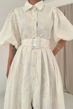 Ekru Pileli Balkon Elbise - Görsel 3