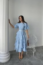 Bebe Mavi Kat Kat Balon Kollu Kemerli Elbise - Görsel 2