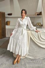 Ekru Çizgi Desenli Uzun Elbise - Görsel 3