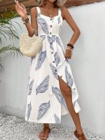 Kadın Askılı önden Düğmeli Yaprak Desenli Uzun Süprem Elbise - Görsel 3