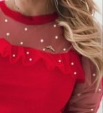 Kadın Uzun Kollu Inci Detaylı Tüllü Viskon Bluz - Görsel 3