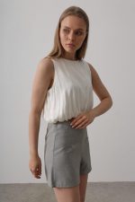 Saten Kolsuz Belki Lastikli Bluz - Ekru - Görsel 3