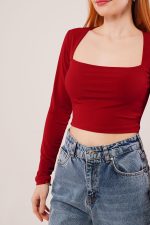 Kare Yaka Basic Bordo Bluz - Görsel 2