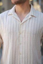 Erkek çizgili Keten Gömlek - Görsel 3