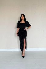 Siyah Büzgülü Saten Elbise