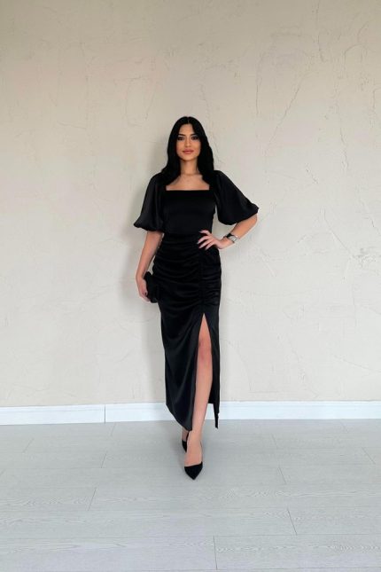 Siyah Büzgülü Saten Elbise