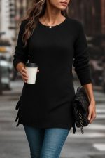 Kadın Uzun Kollu Yuvarlak Yakalı Yanlardan Bağcıklı Triko Bluz