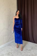 Saks Tek Omuzlu Taş Askılı Elbise - Görsel 2