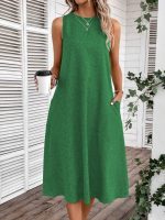 Kadın Kolsuz Bisiklet Yaka Cepli Midi Keten Elbise - Görsel 3