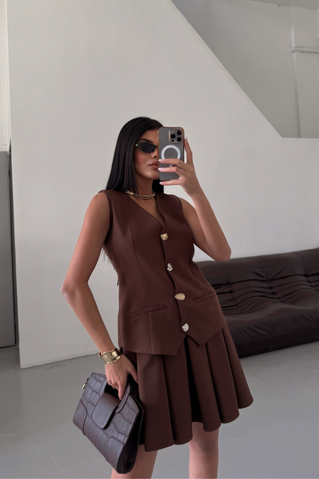 cbf5481dd7b5e4abadc9 YELEK - PİLELİ ETEK GÖRÜNÜMLÜ ELBİSE - Kahverengi - Görsel 1