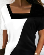 Kadın Kısa Kollu Kare Yaka Parçalı Desen Dalgıç Elbise - Görsel 2