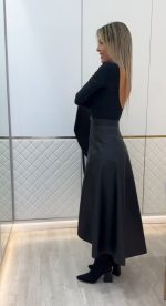 Kadın Belden Kuşaklı Uzun Deri Etek - Görsel 3